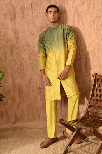 Buy_Sulakshna Jasra_Green Silk, Cotton, Viscose Embroidered Kurta And Pyjama Set _at_Aza_Fashions