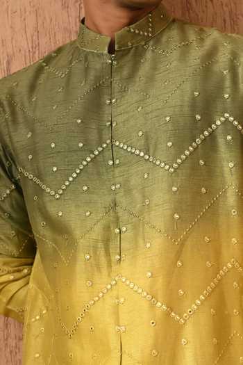 Buy_Sulakshna Jasra_Green Silk, Cotton, Viscose Embroidered Kurta And Pyjama Set 