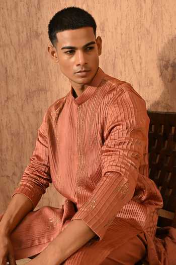 Sulakshna Jasra_Rust Chanderi Embroidered Kurta And Pyjama Set _Online_at_Aza_Fashions