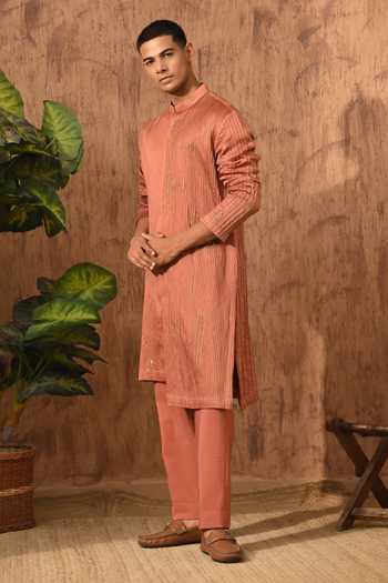 Shop_Sulakshna Jasra_Rust Chanderi Embroidered Kurta And Pyjama Set _Online_at_Aza_Fashions