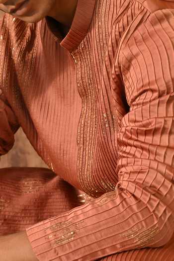Sulakshna Jasra_Rust Chanderi Embroidered Kurta And Pyjama Set _at_Aza_Fashions