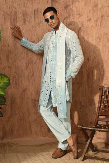 Sulakshna Jasra_Green Cotton, Georgette Embroidered Kurta Set _at_Aza_Fashions