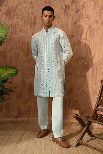 Shop_Sulakshna Jasra_Green Cotton, Georgette Embroidered Kurta Set 