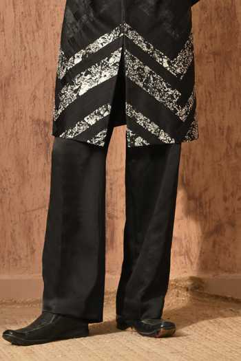 Sulakshna Jasra_Black Satin, Linen, Polyester Sherwani Jacket And Pant Set _Online_at_Aza_Fashions