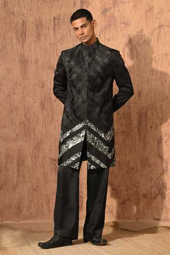 Buy_Sulakshna Jasra_Black Satin, Linen, Polyester Sherwani Jacket And Pant Set _Online_at_Aza_Fashions