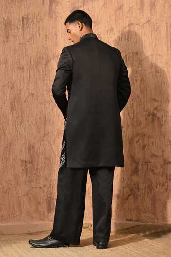 Shop_Sulakshna Jasra_Black Satin, Linen, Polyester Sherwani Jacket And Pant Set _at_Aza_Fashions