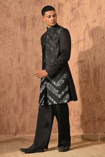 Sulakshna Jasra_Black Satin, Linen, Polyester Sherwani Jacket And Pant Set _at_Aza_Fashions