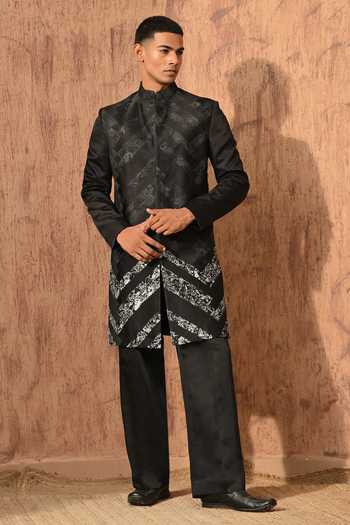 Buy_Sulakshna Jasra_Black Satin, Linen, Polyester Sherwani Jacket And Pant Set _at_Aza_Fashions