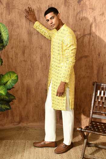 Buy_Sulakshna Jasra_Yellow Cotton, Georgette Embroidered Kurta And Pyjama Set _Online_at_Aza_Fashions