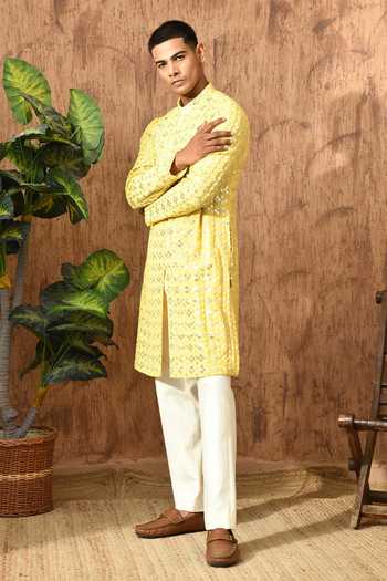Shop_Sulakshna Jasra_Yellow Cotton, Georgette Embroidered Kurta And Pyjama Set _Online_at_Aza_Fashions