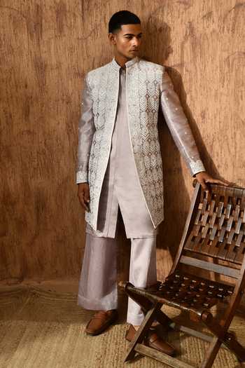 Sulakshna Jasra_Lavender Cotton, Satin, Linen, Polyester Embroidered Sherwani And Pant Set _Online