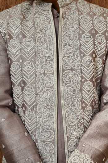 Buy_Sulakshna Jasra_Lavender Cotton, Satin, Linen, Polyester Embroidered Sherwani And Pant Set _Online