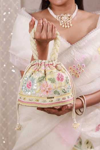 Buy_AMYRA_Off White Embroidery, Sequins, Beads, Pearls, Tassels Gulbahar Bucket Bag _Online