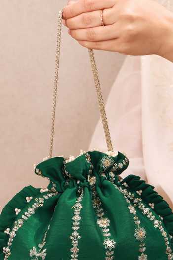 Shop_AMYRA_Emerald Green Embroidery, Beads, Pearls, Zari, Metallic Dhaga Pleated Potli _Online_at_Aza_Fashions