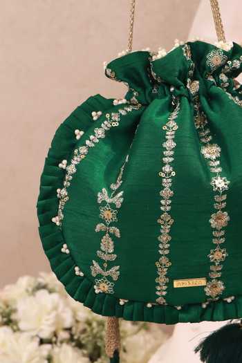 Buy_AMYRA_Emerald Green Embroidery, Beads, Pearls, Zari, Metallic Dhaga Pleated Potli 