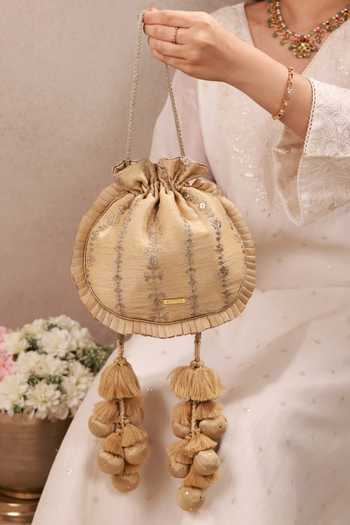 Buy_AMYRA_Gold Embroidery, Beads, Pearls, Zari, Tassels, Metallic Dhaga Pleated Potli _Online_at_Aza_Fashions