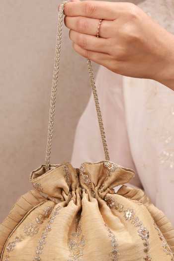 Shop_AMYRA_Gold Embroidery, Beads, Pearls, Zari, Tassels, Metallic Dhaga Pleated Potli _Online_at_Aza_Fashions