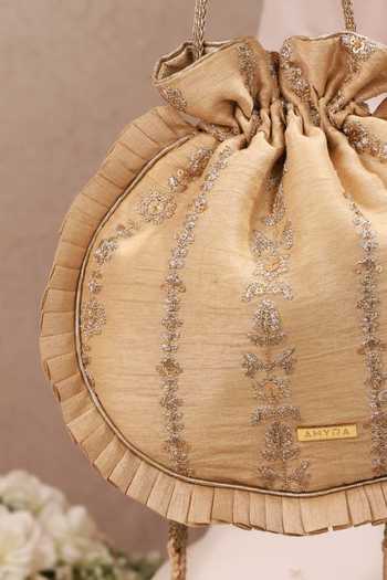 Buy_AMYRA_Gold Embroidery, Beads, Pearls, Zari, Tassels, Metallic Dhaga Pleated Potli 