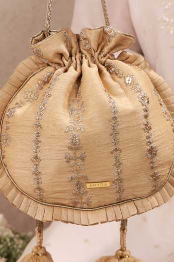 AMYRA_Gold Embroidery, Beads, Pearls, Zari, Tassels, Metallic Dhaga Pleated Potli _Online_at_Aza_Fashions