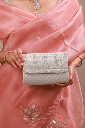 AMYRA_Silver Sitara Brocade Flapover Bag _Online_at_Aza_Fashions