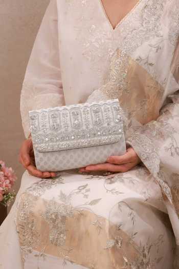 AMYRA_Silver Sitara Brocade Flapover Bag _Online