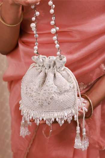 Buy_AMYRA_Silver Embroidery, Beads, Pearls, Crystals, Tassels, Lace, Sehra Mini Potli _Online