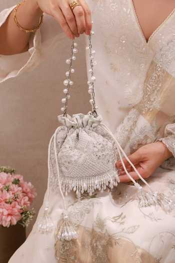 AMYRA_Silver Embroidery, Beads, Pearls, Crystals, Tassels, Lace, Sehra Mini Potli _Online_at_Aza_Fashions