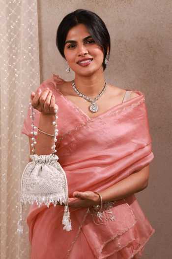 AMYRA_Silver Embroidery, Beads, Pearls, Crystals, Tassels, Lace, Sehra Mini Potli 