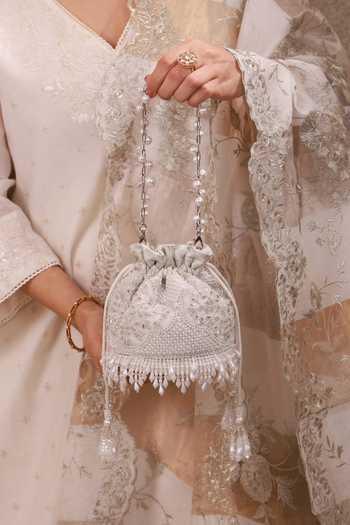 AMYRA_Silver Embroidery, Beads, Pearls, Crystals, Tassels, Lace, Sehra Mini Potli 