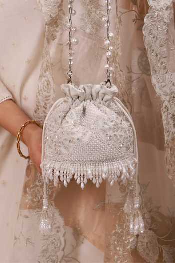 AMYRA_Silver Embroidery, Beads, Pearls, Crystals, Tassels, Lace, Sehra Mini Potli 