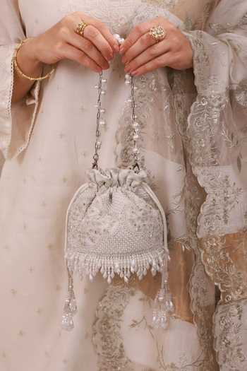 AMYRA_Silver Embroidery, Beads, Pearls, Crystals, Tassels, Lace, Sehra Mini Potli 