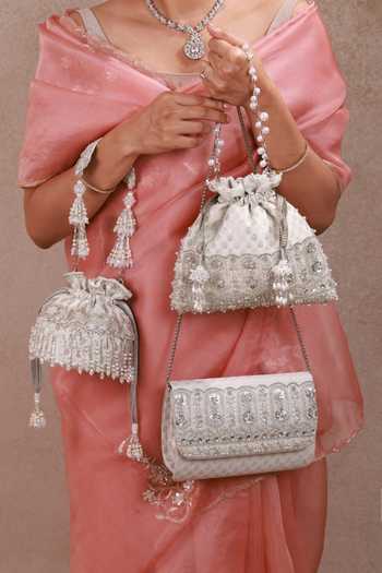 AMYRA_Silver Embroidery, Beads, Pearls, Tassels Lumia Mini Potli _Online