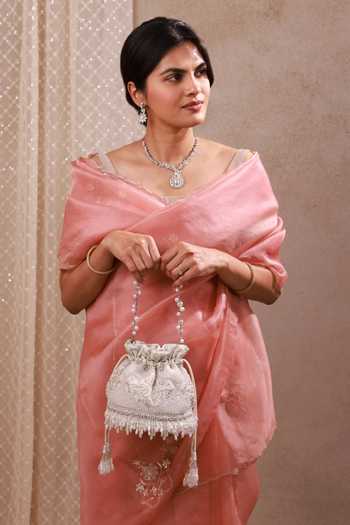 AMYRA_Silver Embroidery, Beads, Pearls, Crystals, Tassels, Lace Sehra Potli _Online_at_Aza_Fashions