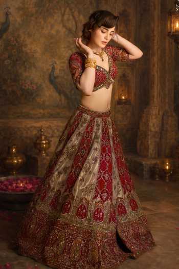 Roqa_Maroon Silk, Net Sweetheart Neck Zareen Banaras Bridal Lehenga Set _Online