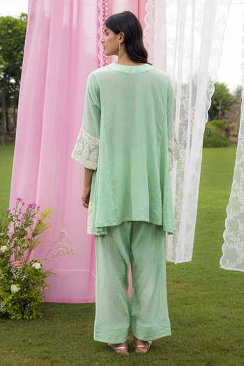 Shop_Charu Makkar_Green Chanderi, Organza Round Neck Gia Embroidered Kurta Farshi Salwar Set _at_Aza_Fashions