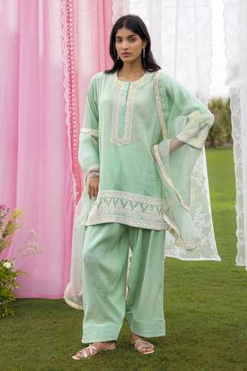 Shop_Charu Makkar_Green Chanderi, Organza Round Neck Gia Embroidered Kurta Farshi Salwar Set _Online_at_Aza_Fashions