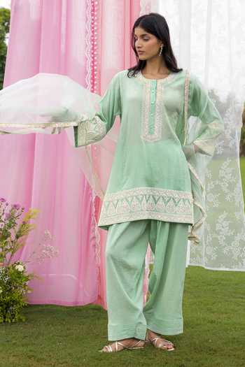 Buy_Charu Makkar_Green Chanderi, Organza Round Neck Gia Embroidered Kurta Farshi Salwar Set _at_Aza_Fashions