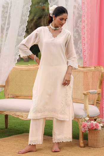 Charu Makkar_Ivory Silk, Chanderi, Organza V-neck Billie Dori Embroidered Kurta Set _Online