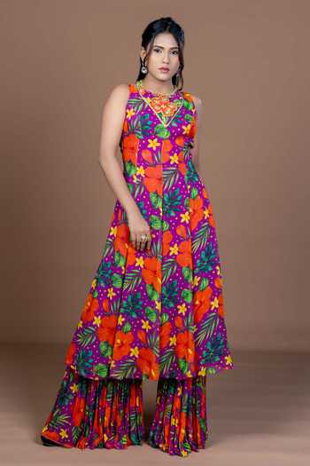 Buy_Damoiselle_Purple Georgette, Shantoon Round Neck Floral Print Kurta Sharara Set _at_Aza_Fashions