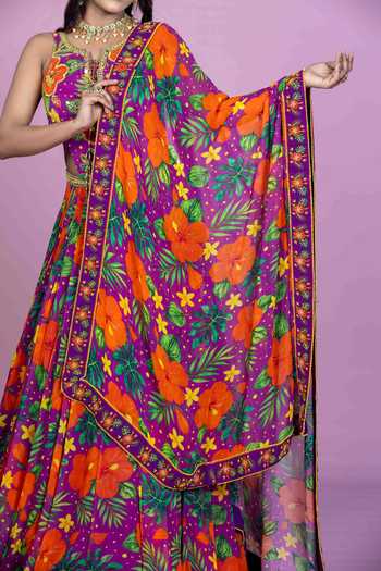 Damoiselle_Purple Georgette, Shantoon V-neck Tropical Print Lehenga Set _Online