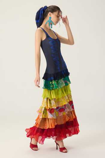 Saaksha & Kinni_Multi Color Chiffon, Lycra, Jersey Scoop Neck Dallas Tiered Printed Dress _Online_at_Aza_Fashions