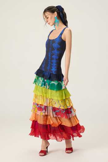 Buy_Saaksha & Kinni_Multi Color Chiffon, Lycra, Jersey Scoop Neck Dallas Tiered Printed Dress _at_Aza_Fashions