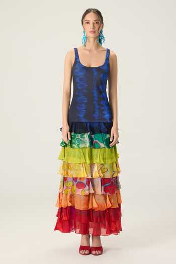 Buy_Saaksha & Kinni_Multi Color Chiffon, Lycra, Jersey Scoop Neck Dallas Tiered Printed Dress _Online_at_Aza_Fashions