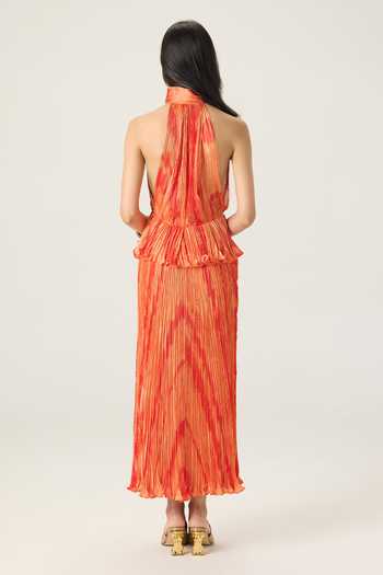 Shop_Saaksha & Kinni_Orange Chiffon Halter Neck Kennedy Leheriya Print Maxi Dress _at_Aza_Fashions