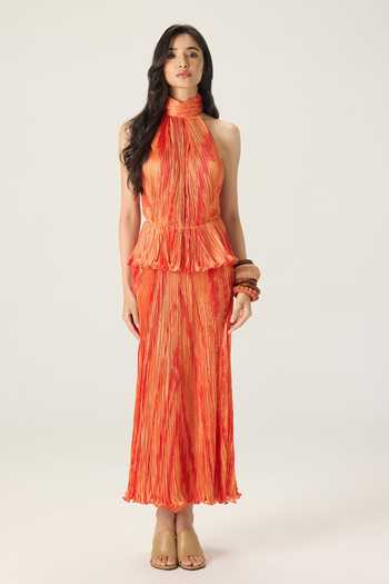 Saaksha & Kinni_Orange Chiffon Halter Neck Kennedy Leheriya Print Maxi Dress _Online_at_Aza_Fashions