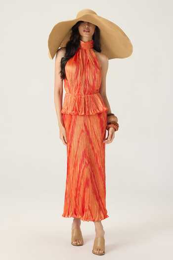 Buy_Saaksha & Kinni_Orange Chiffon Halter Neck Kennedy Leheriya Print Maxi Dress _at_Aza_Fashions
