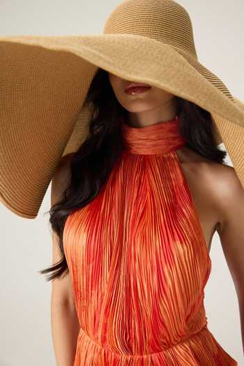 Saaksha & Kinni_Orange Chiffon Halter Neck Kennedy Leheriya Print Maxi Dress _at_Aza_Fashions