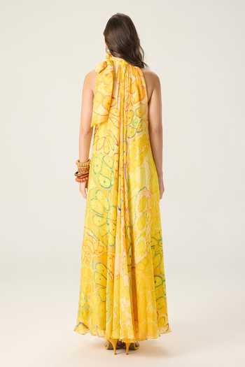 Shop_Saaksha & Kinni_Yellow Chiffon Halter Neck Natalia Floral Print Dress _at_Aza_Fashions