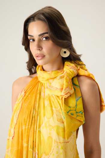 Shop_Saaksha & Kinni_Yellow Chiffon Halter Neck Natalia Floral Print Dress _Online_at_Aza_Fashions