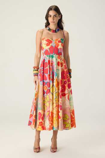 Saaksha & Kinni_Multi Color Cotton Sweetheart Neck Marilyn Floral Print Dress _Online_at_Aza_Fashions